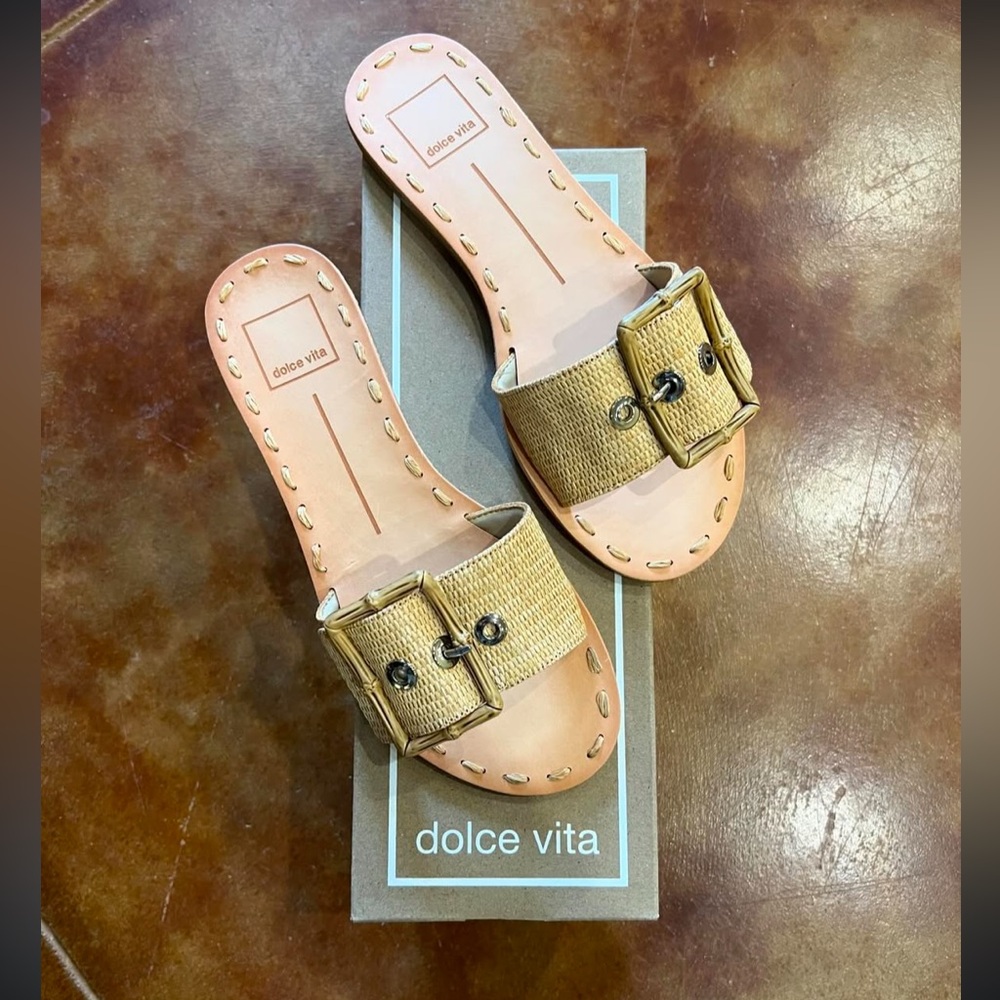 Dolce Vita Gold Tan Slide Sandals with Square Buckle